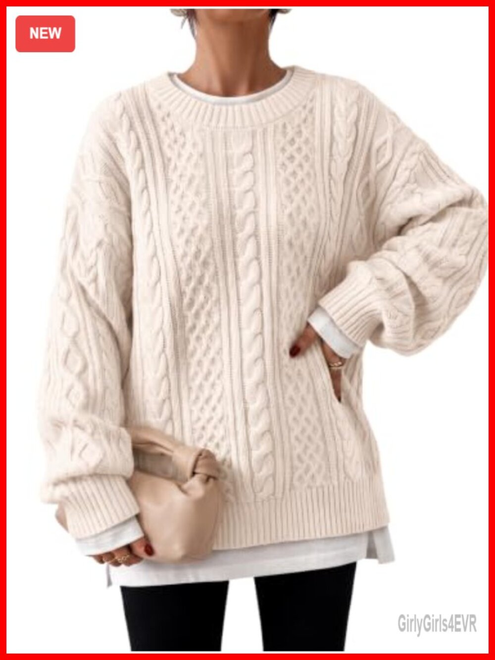 Oversized Cable Knit Chunky Pullover Sweater Cotton Blend Crew Neck